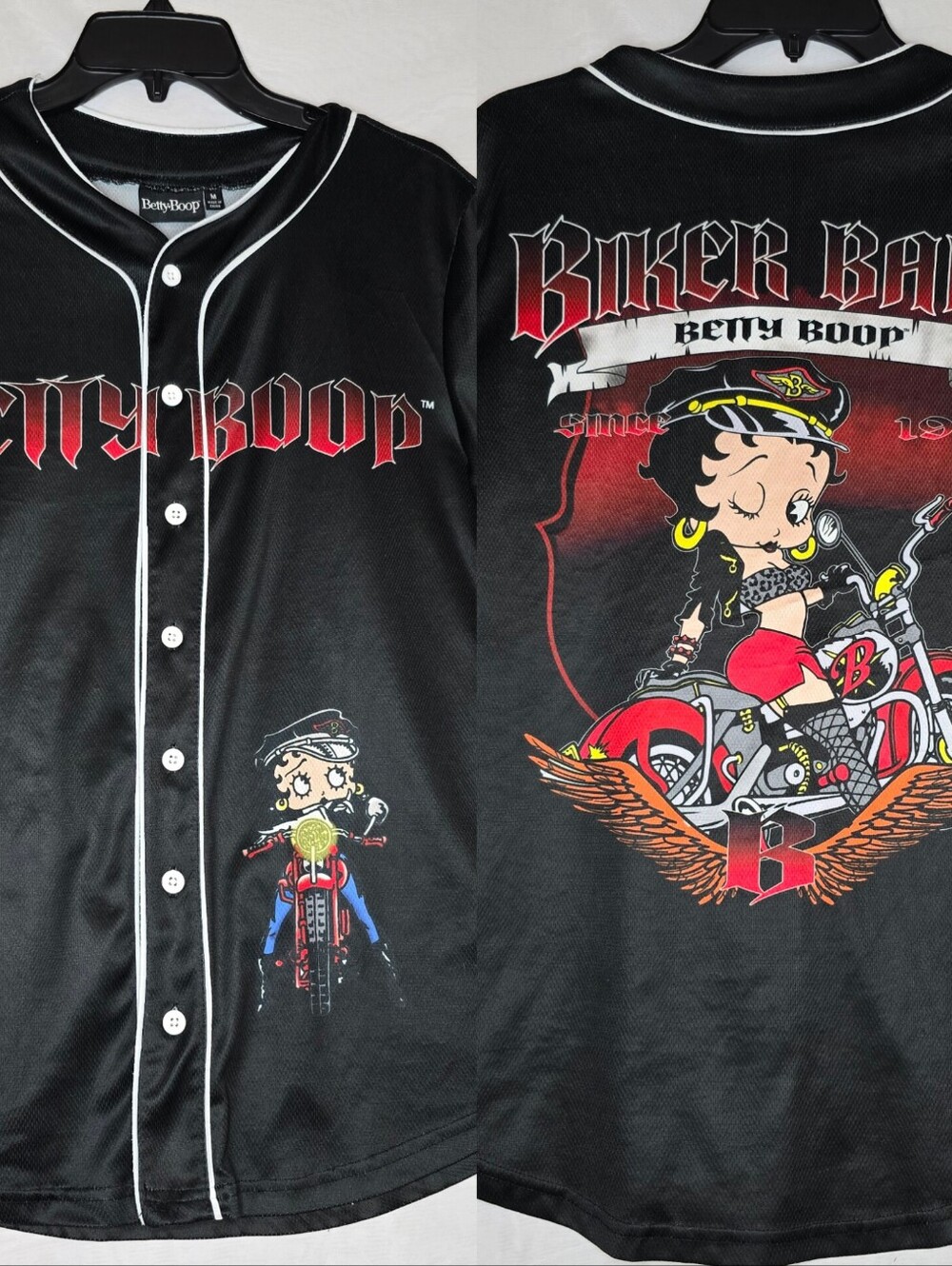Betty Boop Baseball Jersey Medium Black Biker Babe Motorcycle Graphic Button Up